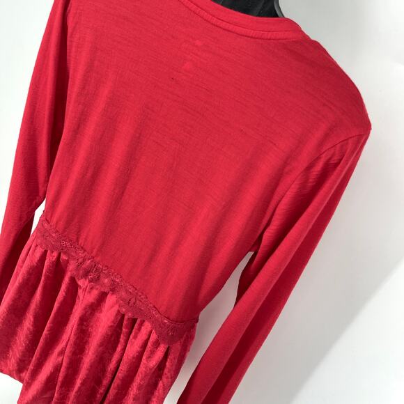 Seg’ments Merino Wool V-Neck Tunic Top Sz M Red Pleated Textured Lower Lace - Picture 7 of 13